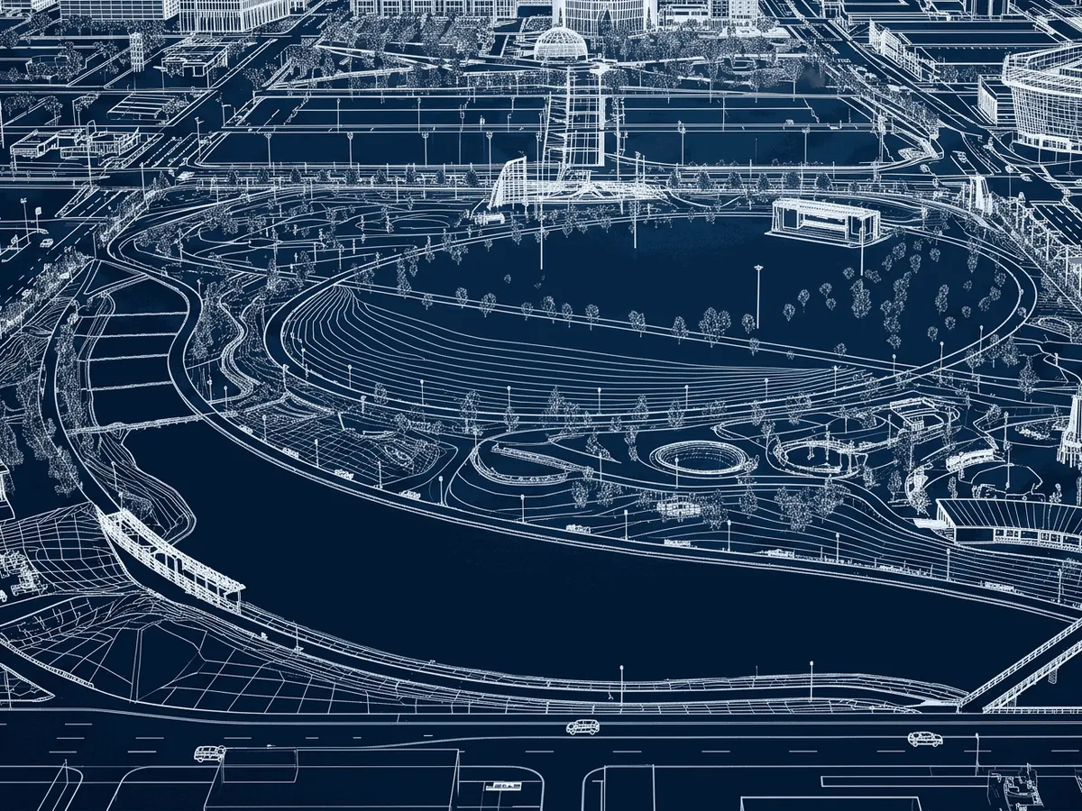 Scissortail Park, a detail of the BLC wireframe drawing of Oklahoma City.