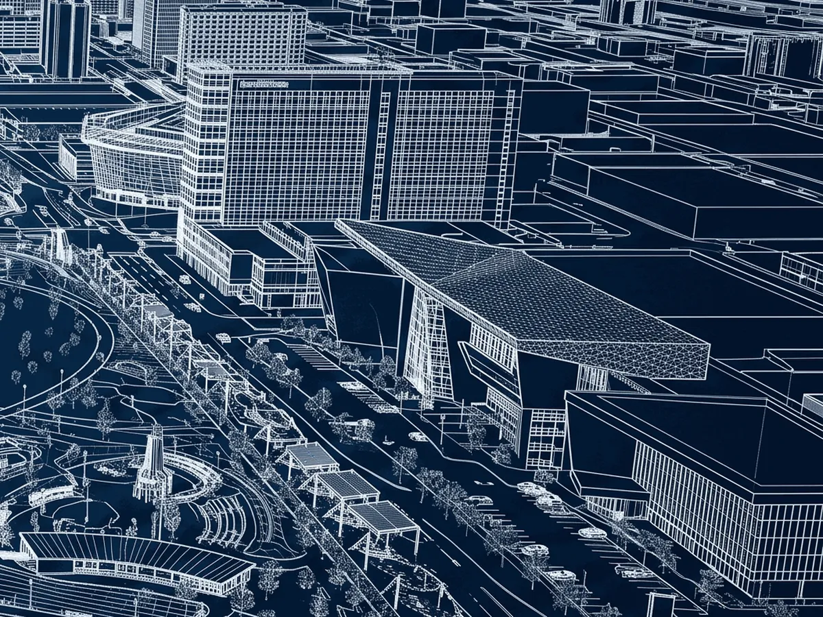 The convention district, east of the park, a detail of the BLC wireframe drawing of Oklahoma City.